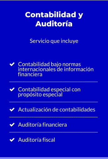 Contabilidad y Auditoría  Servicio que incluye       Contabilidad bajo normas         internacionales de información         financiera ________________________________________     Contabilidad especial con         propósito especial ________________________________________     Actualización de contabilidades  ________________________________________     Auditoría financiera ________________________________________     Auditoría fiscal