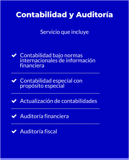 Contabilidad y Auditoría  Servicio que incluye       Contabilidad bajo normas         internacionales de información         financiera ________________________________________     Contabilidad especial con         propósito especial ________________________________________     Actualización de contabilidades  ________________________________________     Auditoría financiera ________________________________________     Auditoría fiscal