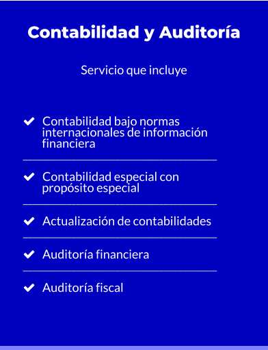 Contabilidad y Auditoría  Servicio que incluye       Contabilidad bajo normas         internacionales de información         financiera ________________________________________     Contabilidad especial con         propósito especial ________________________________________     Actualización de contabilidades  ________________________________________     Auditoría financiera ________________________________________     Auditoría fiscal